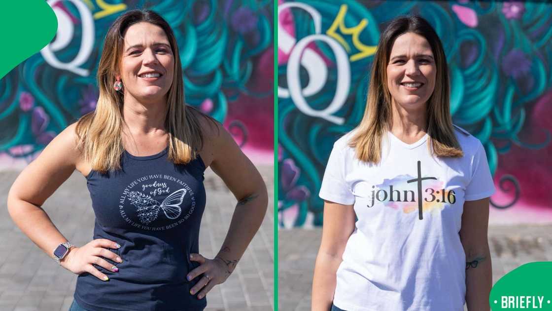 The visual on the right showed the woman wearing clothes from her store