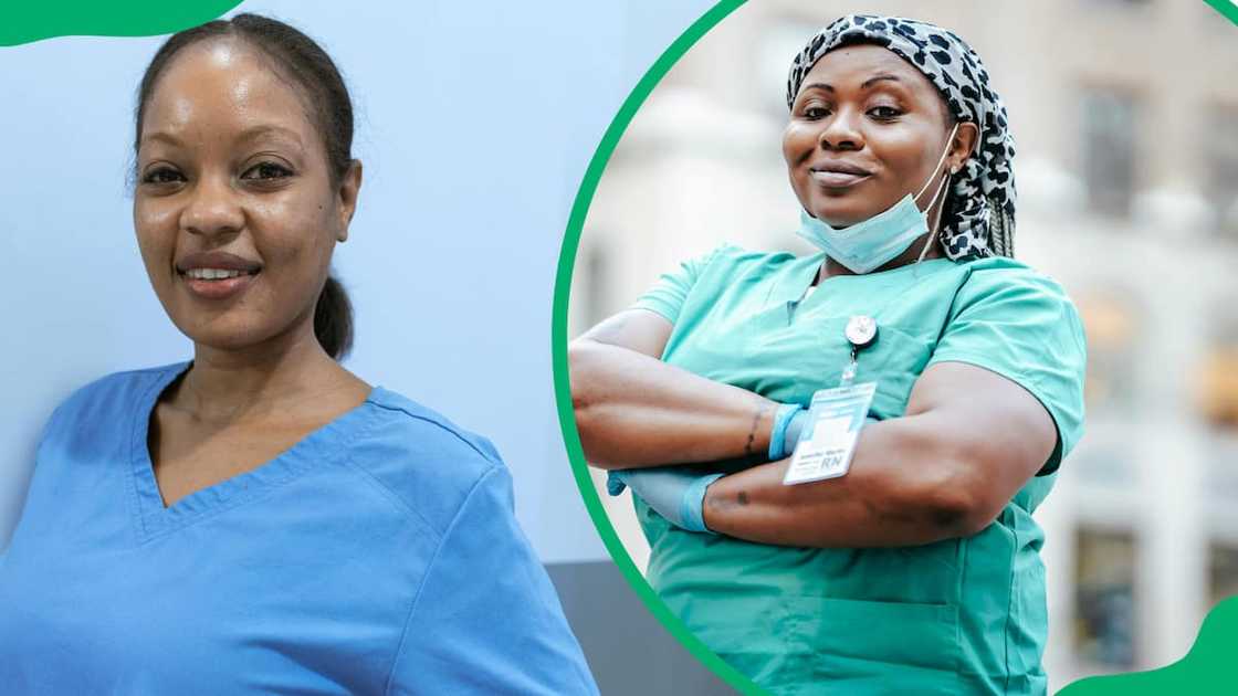 Nurse ladies in blue and green scrubs Nurse ladies in blue and green scrubs