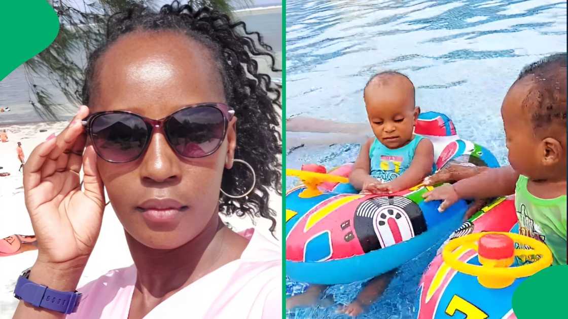 A mother shared a video of her twins trying to swim with floatation devices