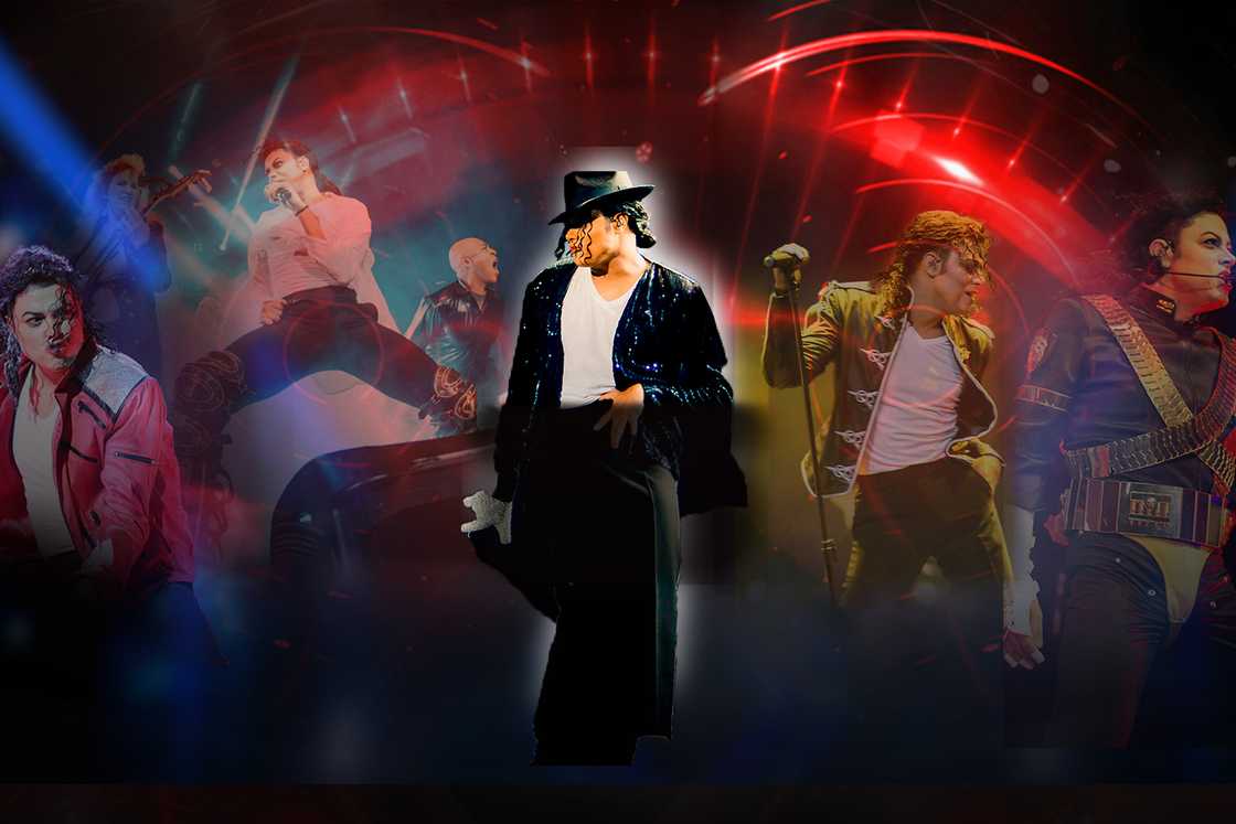 A concert montage featuring a Michael Jackson tribute artist in various iconic stage outfits and dynamic dance poses, set against a dark background with dramatic red and blue stage lighting A concert montage featuring a Michael Jackson tribute artist in various iconic stage outfits and dynamic dance poses, set against a dark background with dramatic red and blue stage lighting
