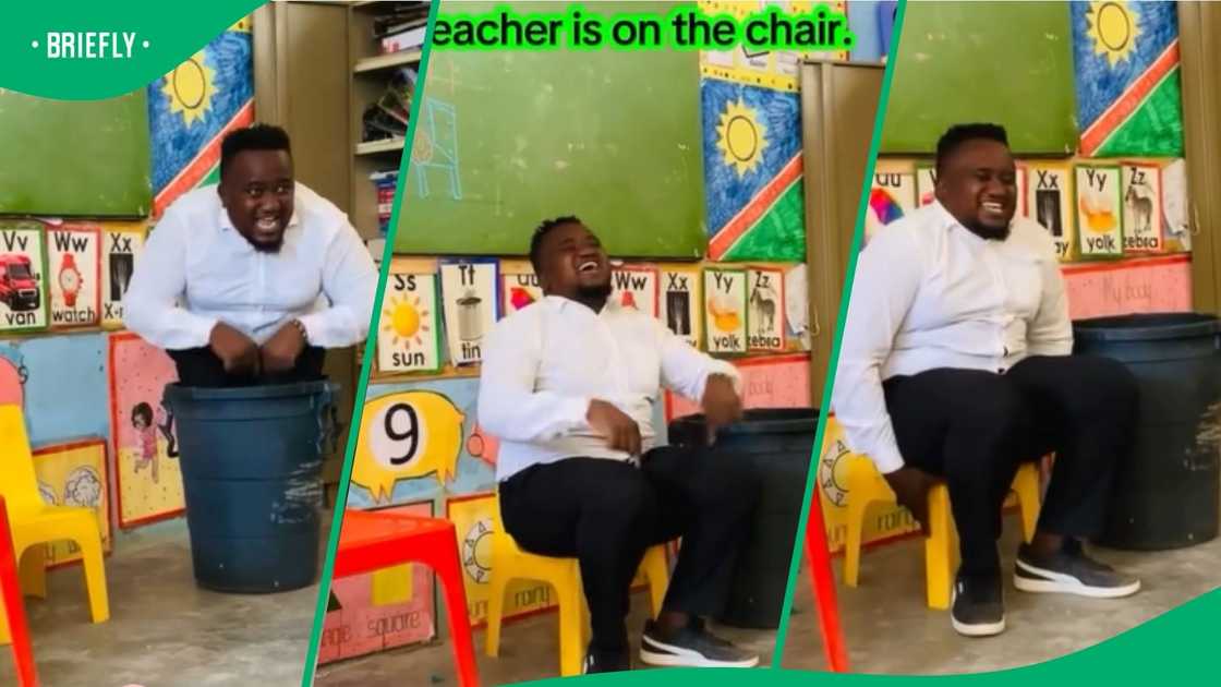 The teacher teaches his class prepositions by sitting on a chair and standing in a dustbin.