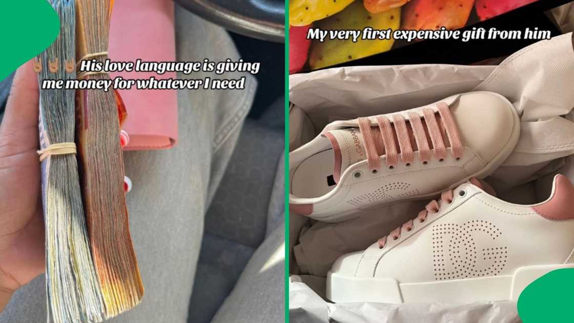 A woman received a stack of money and an expensive pair of Dolce & Gabbana sneakers. A woman received a stack of money and an expensive pair of Dolce & Gabbana sneakers.
