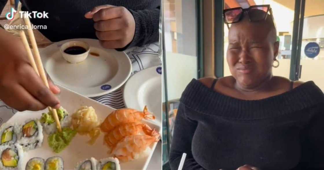 SA woman eats sushi with lots of wasabi