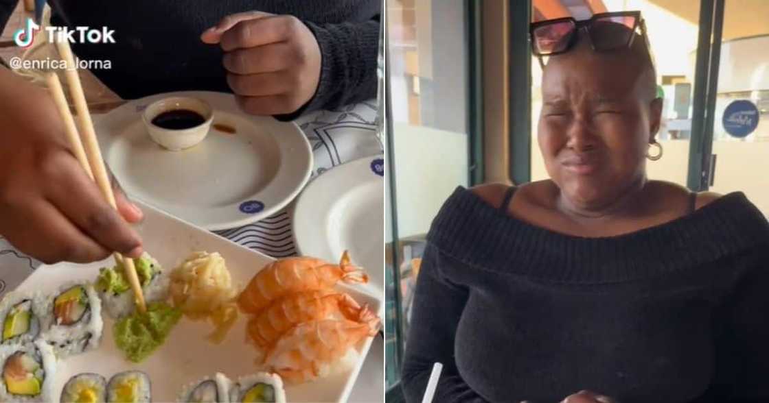 SA woman eats sushi with lots of wasabi SA woman eats sushi with lots of wasabi