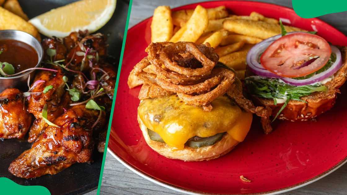 Grilled wings (L). Fries and burger (R)