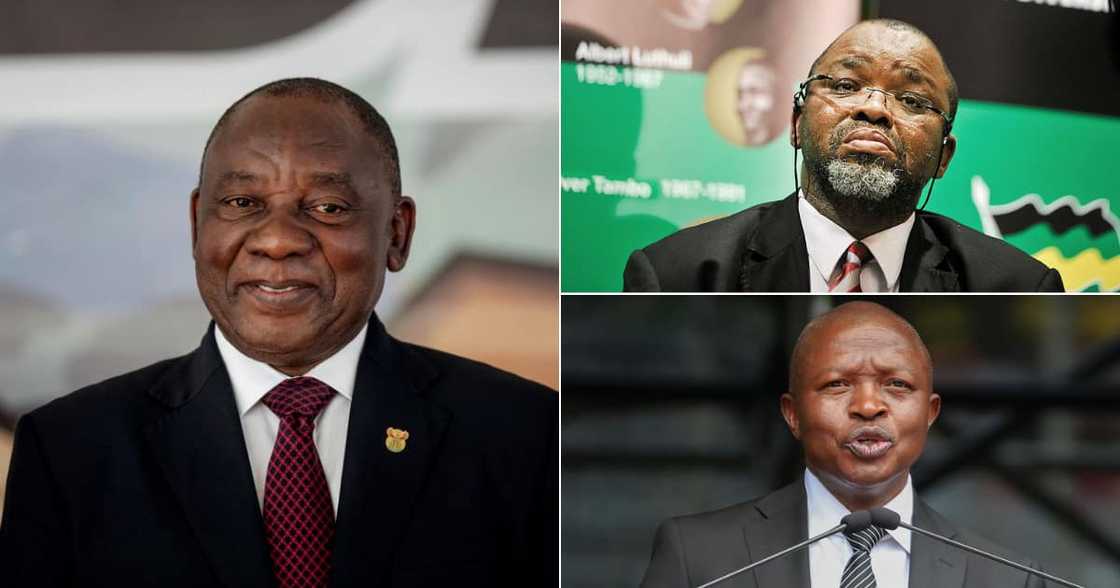 African National Congress, ANC, Polokwane, Limpopo, Commemoration, Celebrations, Peter Mokaba Stadium, Politicians at a table, President Cyril Ramaphosa, David Mabuza, Gwede Mantashe, Paul Mashatile