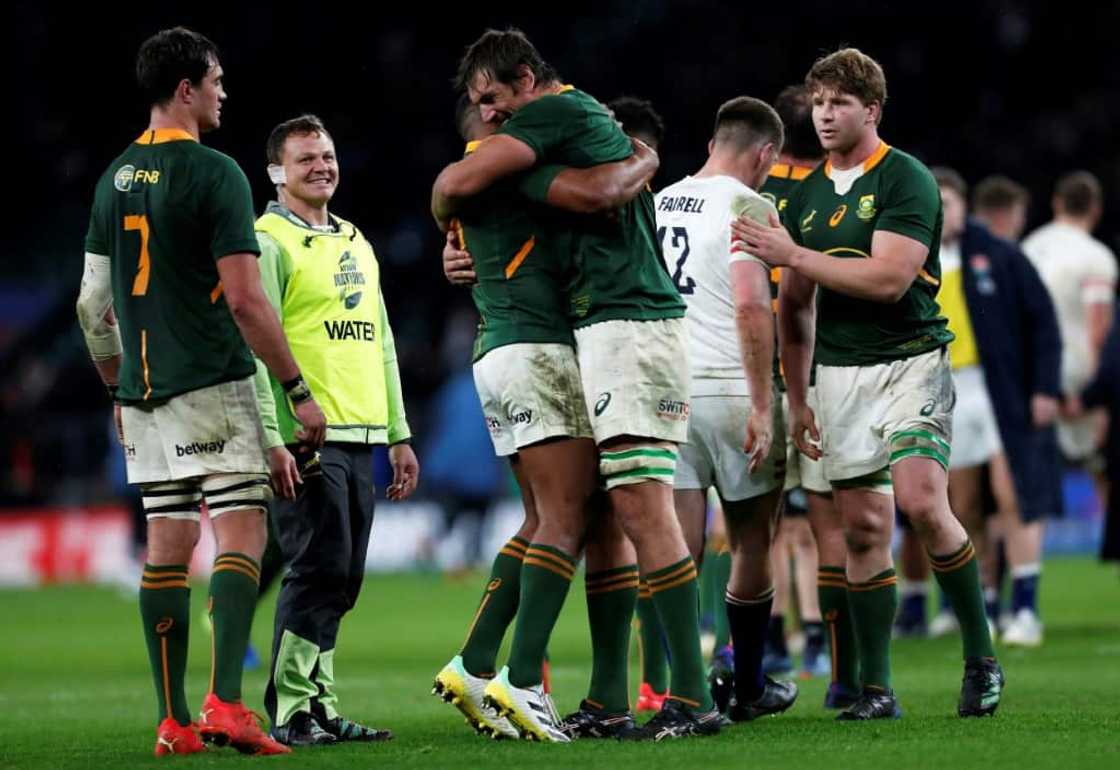 Joy of victory - South Africa player celebrate after a 27-13 win over England at Twickenham Joy of victory - South Africa player celebrate after a 27-13 win over England at Twickenham