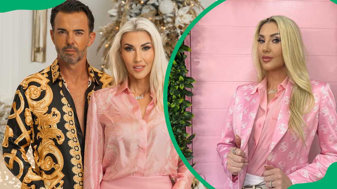 Melany Viljoen and her husband pose in front of a decorated Christmas tree (L). Melany in a solo portrait against a pink background (R)