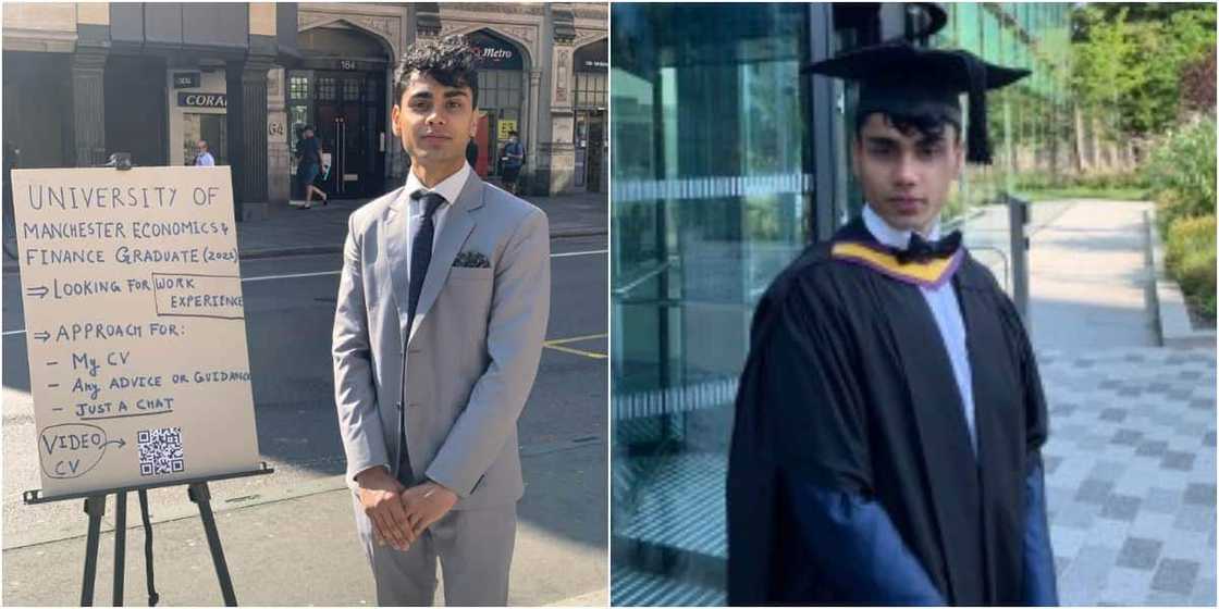 Oyinbo graduate from top UK university wears suit as he takes to street under hot sun to beg for job, carries board Oyinbo graduate from top UK university wears suit as he takes to street under hot sun to beg for job, carries board