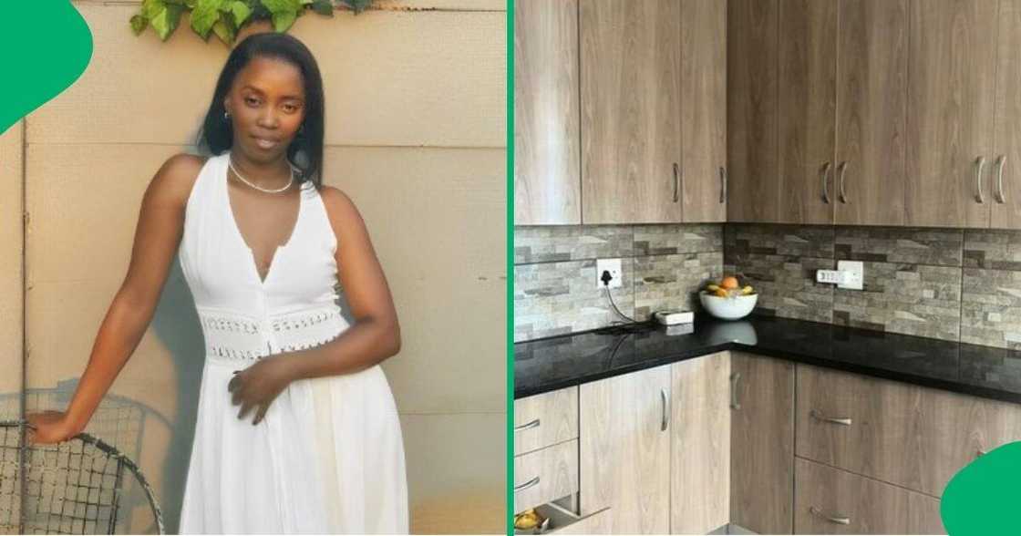 Woman paints her kitchen's granite countertop and backsplash.