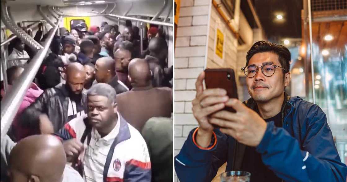 The passengers were standing close to one another. The passengers were standing close to one another.
