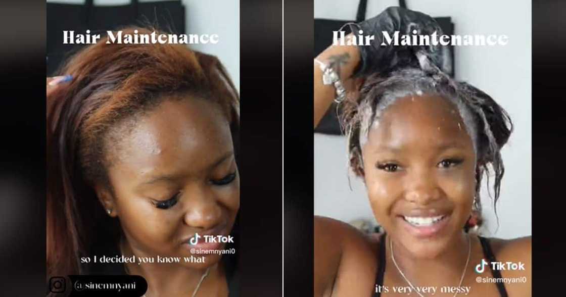 TikTok video of woman only relaxing her leave-out with weave installed TikTok video of woman only relaxing her leave-out with weave installed