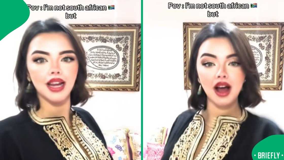 The visual on the right showed a woman wearing a black and gold dress The visual on the right showed a woman wearing a black and gold dress