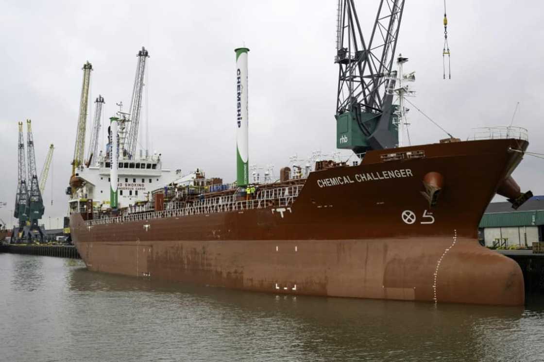The four giant 16-metre-high sails similar to aircraft wings are hoped will cut fuel consumption by 10 to 20 percent The four giant 16-metre-high sails similar to aircraft wings are hoped will cut fuel consumption by 10 to 20 percent