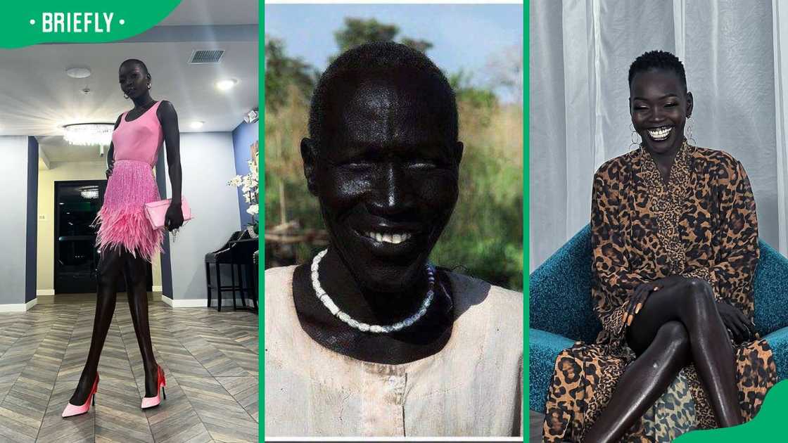 Nyakim Gatwech posing for the camera (L, R). The world's alleged darkest man (C)