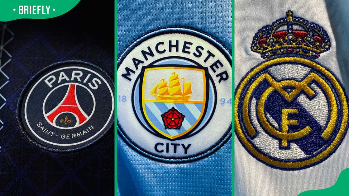 Paris Saint-Germain FC, Manchester City and Real Madrid football club badges. Paris Saint-Germain FC, Manchester City and Real Madrid football club badges.