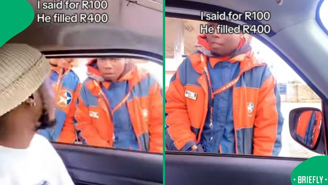 The petrol attendant on the right explained he heard R400 instead of R100 The petrol attendant on the right explained he heard R400 instead of R100