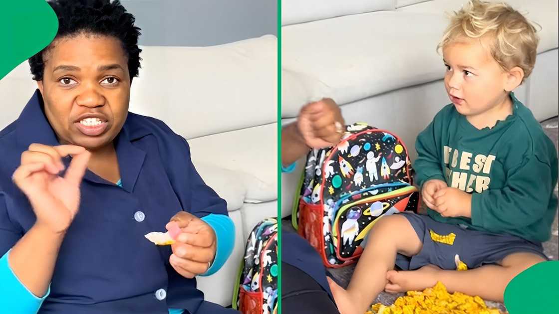 A helper taught a child to unwrap gum A helper taught a child to unwrap gum