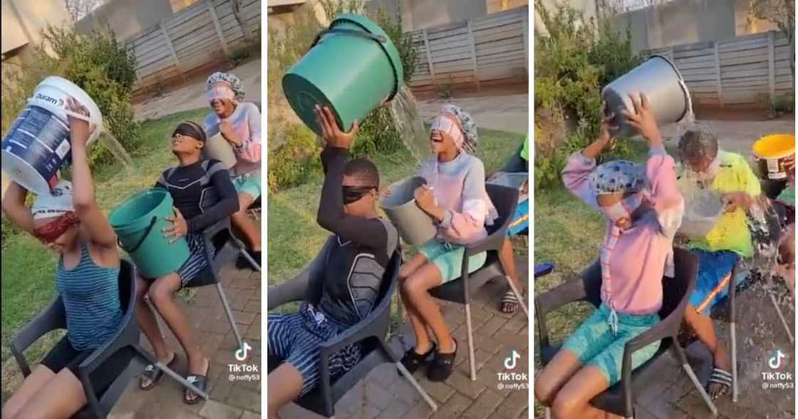 A fun-loving family tried out a water bucket challenge in a funny video. A fun-loving family tried out a water bucket challenge in a funny video.