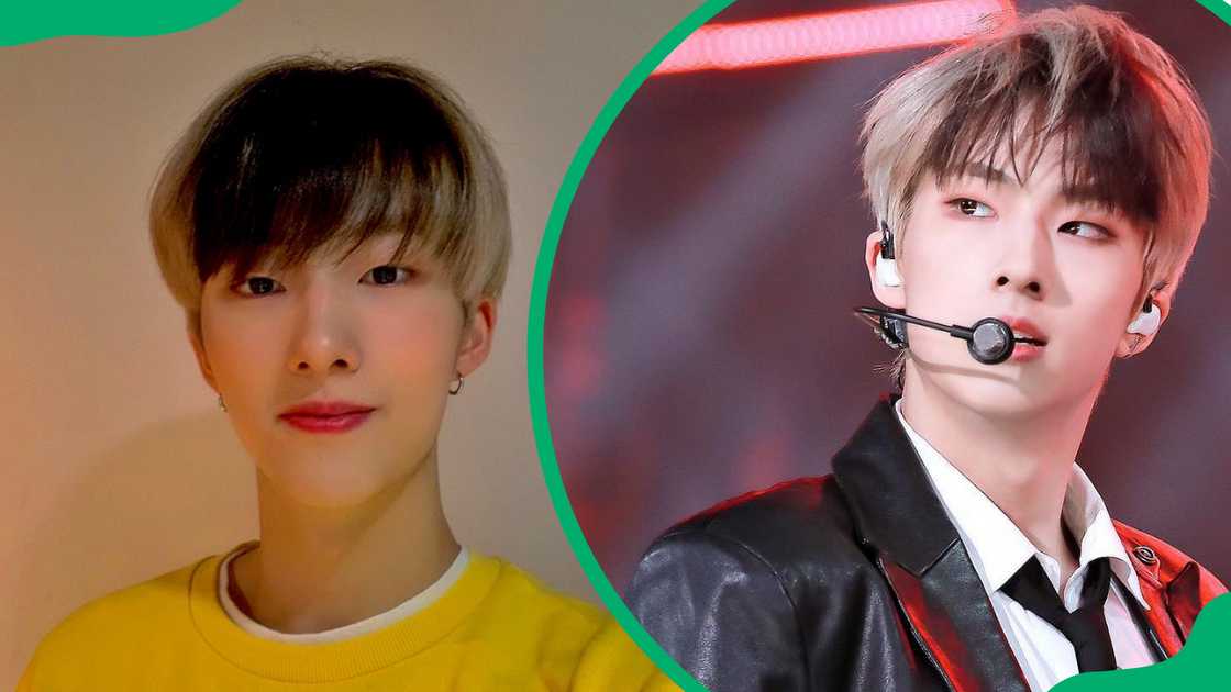 Jiung wearing a bright yellow sweater (L). The rapper performing on stage (R) Jiung wearing a bright yellow sweater (L). The rapper performing on stage (R)