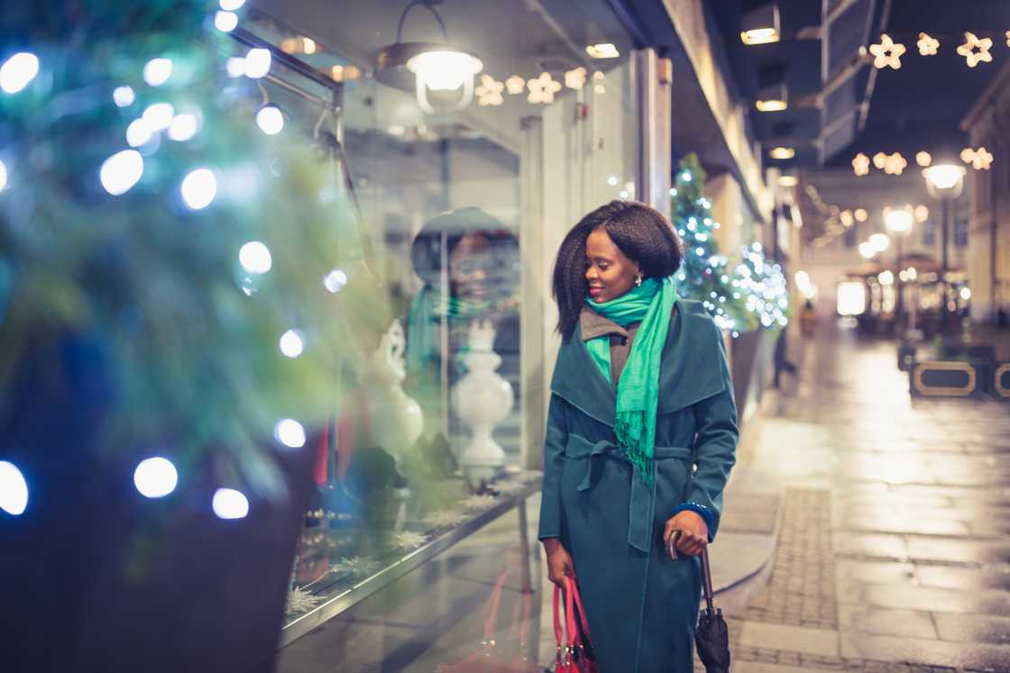Night street with festive shop windows