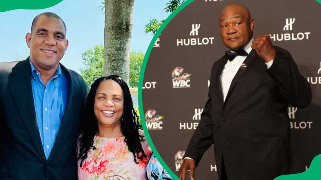 Mary Joan Martelly and her husband George Foreman (L). George attends the Hublot x WBC "Night of Champions" Gala (R)