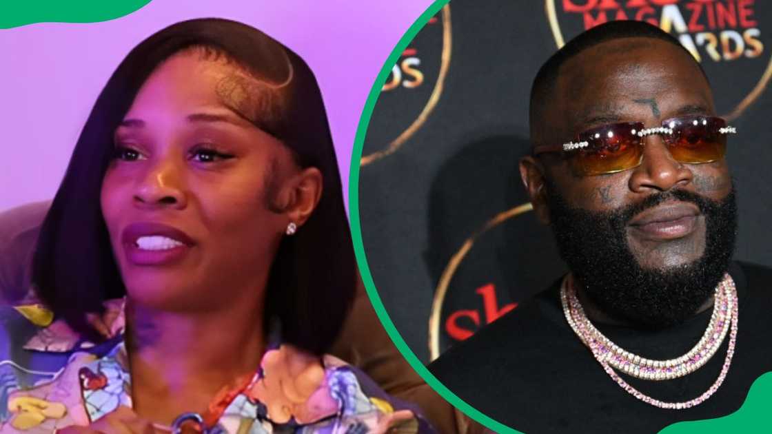 Tia Kemp at a 2024 YouTube interview (L). Rick Ross at the 2024 Sheen Magazine Awards (R)