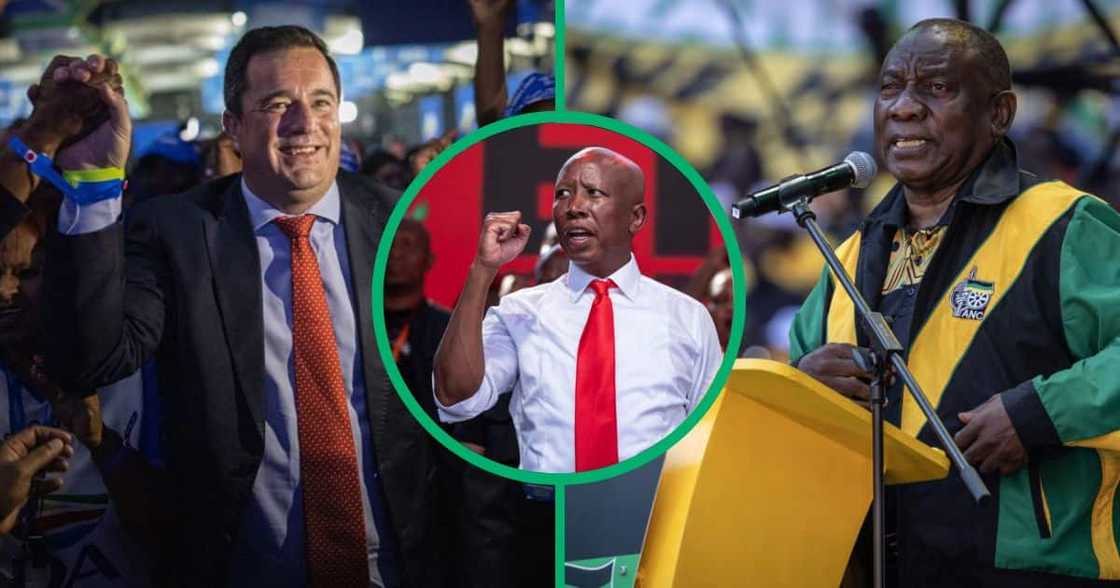 John Steenhuisen from the DA, Julius Malema from the EFF and Cyril Ramaphosa from the ANC campaigning ahead of the South African national elections in 2024. John Steenhuisen from the DA, Julius Malema from the EFF and Cyril Ramaphosa from the ANC campaigning ahead of the South African national elections in 2024.