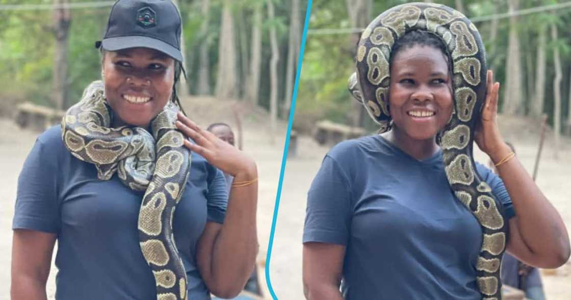 Lady poses with snake around her neck.