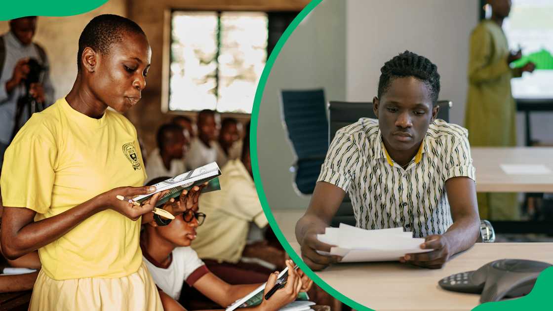 A young girl in a yellow tee is reading a book to her classmates in a classroom, and a man is sitting on a desk as he reads through documents