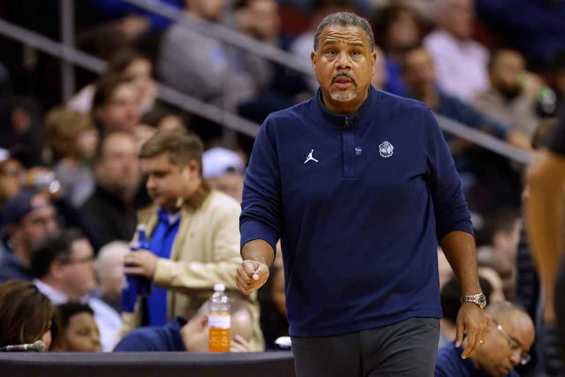 Ed Cooley of the Georgetown Hoyas reacts during the first half of a game against the Seton Hall Pirates Ed Cooley of the Georgetown Hoyas reacts during the first half of a game against the Seton Hall Pirates