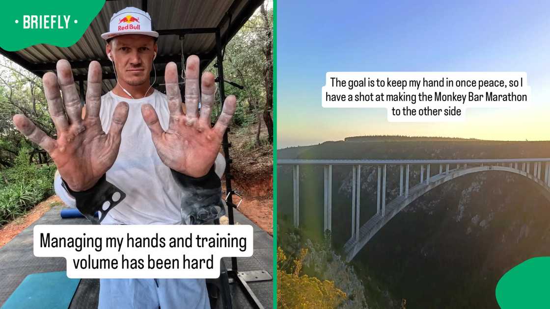 SA champion Thomas van Tonder crosses Bloukrans Bridge on 600 monkey bars 216m up SA champion Thomas van Tonder crosses Bloukrans Bridge on 600 monkey bars 216m up