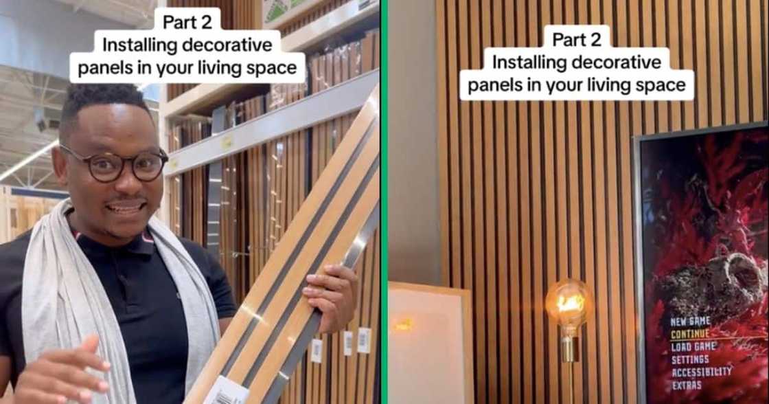 A man decorates his living room A man decorates his living room