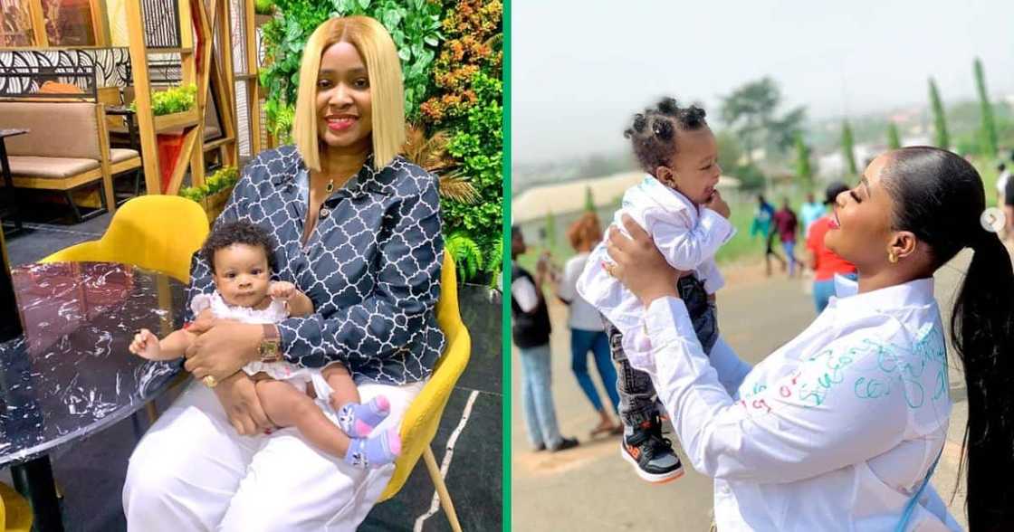 Mom shows newborn's hair Mom shows newborn's hair