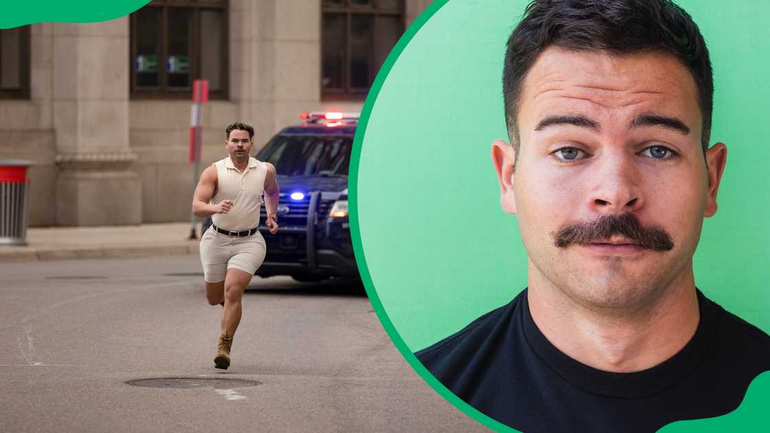 Frankie LaPenna is pictured in his signature comedy outfit running in front of a police car, and in a black tee Frankie LaPenna is pictured in his signature comedy outfit running in front of a police car, and in a black tee