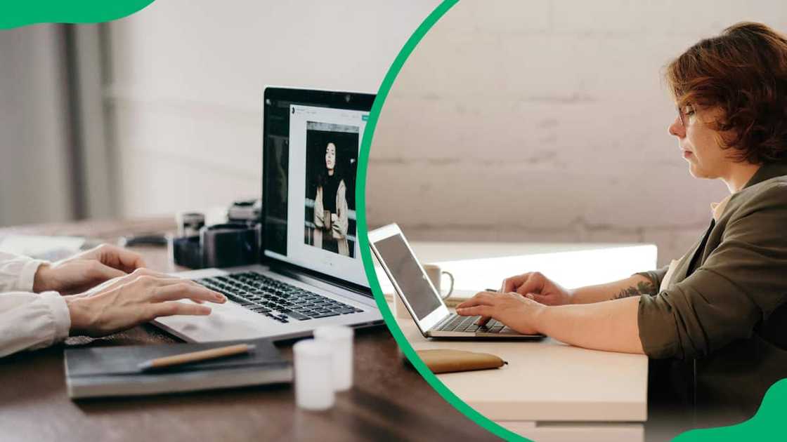 A man and a woman typing on a laptop A man and a woman typing on a laptop