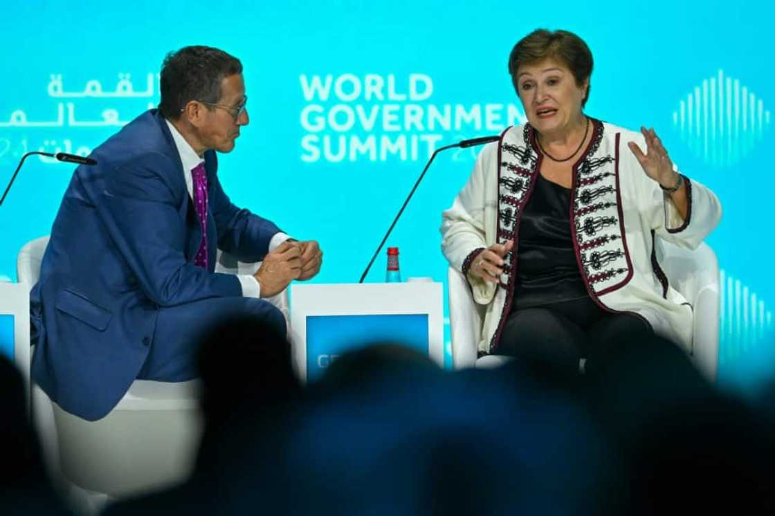International Monetary Fund (IMF) Managing Director Kristalina Georgieva (R) speaks during the World Governments Summit in Dubai on February 12, 2024. International Monetary Fund (IMF) Managing Director Kristalina Georgieva (R) speaks during the World Governments Summit in Dubai on February 12, 2024.