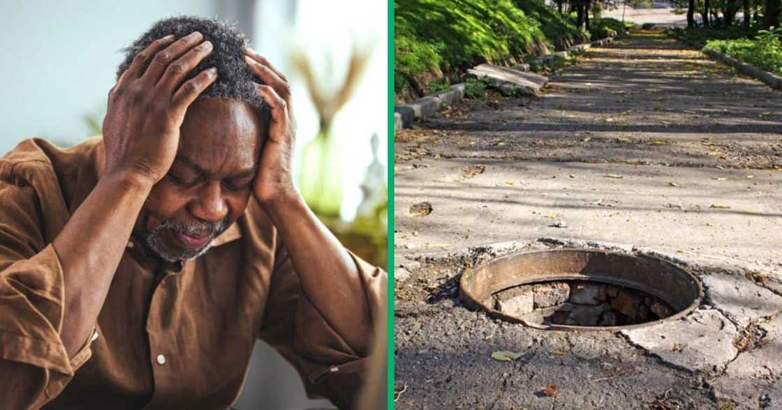Stock photos of a stressed man and a manhole Stock photos of a stressed man and a manhole