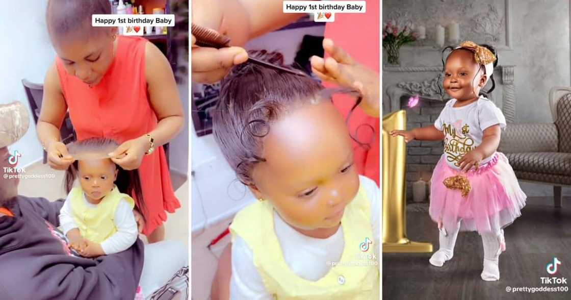 A video of a one-year-old girl getting a full frontal wig installed A video of a one-year-old girl getting a full frontal wig installed