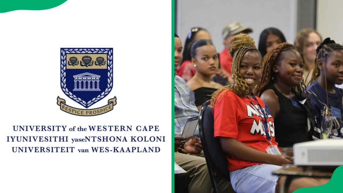 University of Western Cape logo and students in class University of Western Cape logo and students in class