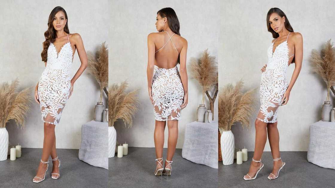 Bare back sheet mesh dress with sequin embellished leaves detailing