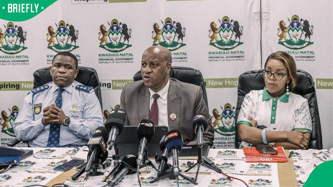 Kwazulu-Natal Provincial Commissioner Lieutenant General Nhlanhla Mkhwanazi, Kwazulu-Natal Premier Thamsanqa Ntuli and leader of the March and March Movement, Jacinta Ngobese-Zuma