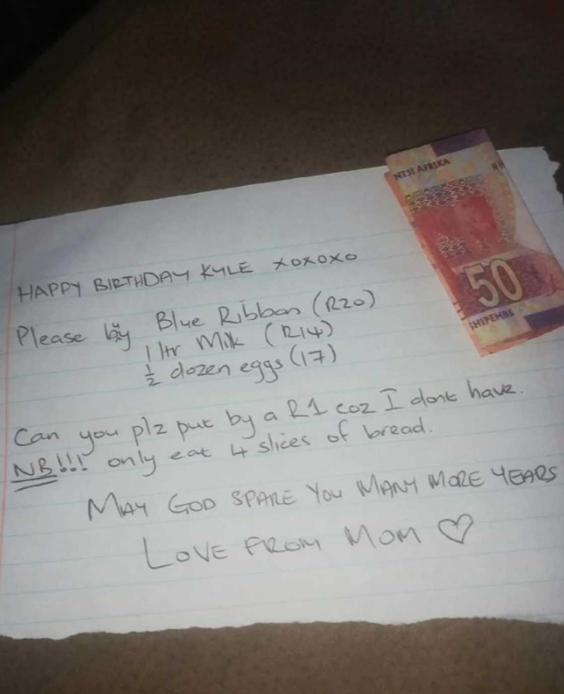 A mother's birthday note to her son. A mother's birthday note to her son.