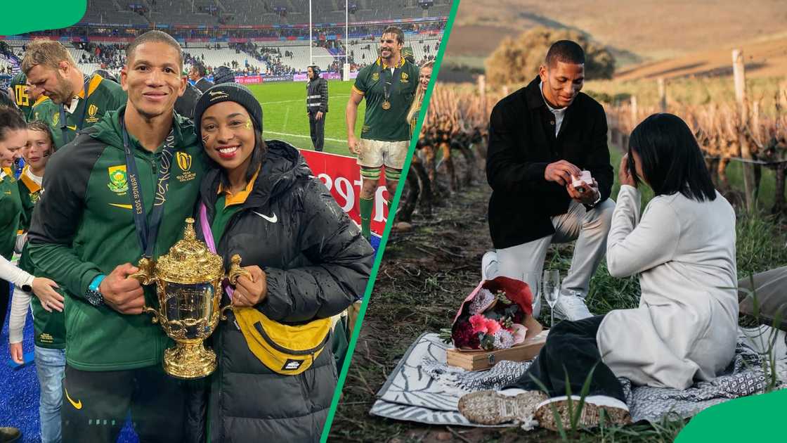 Manie Libbok and his wife holding a trophy and him proposing to her