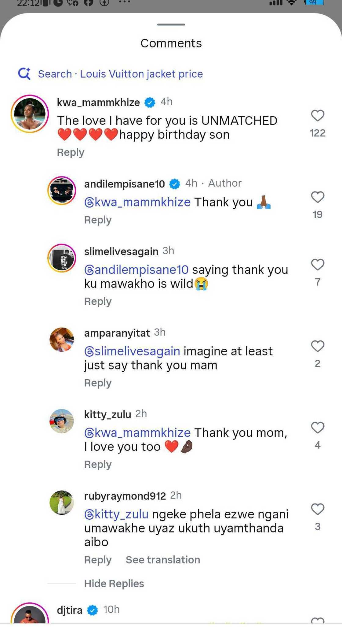 Andile Mpisane's response to his mum's birthday message raises eyebrows