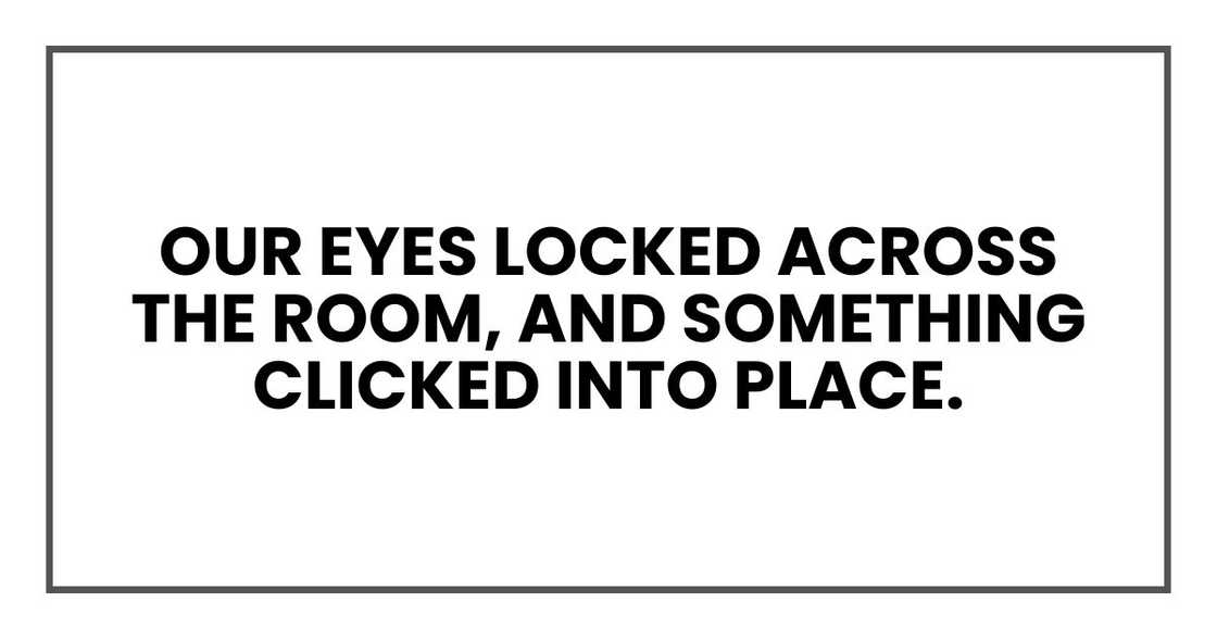 Our eyes locked across the room, and something clicked into place. Our eyes locked across the room, and something clicked into place.