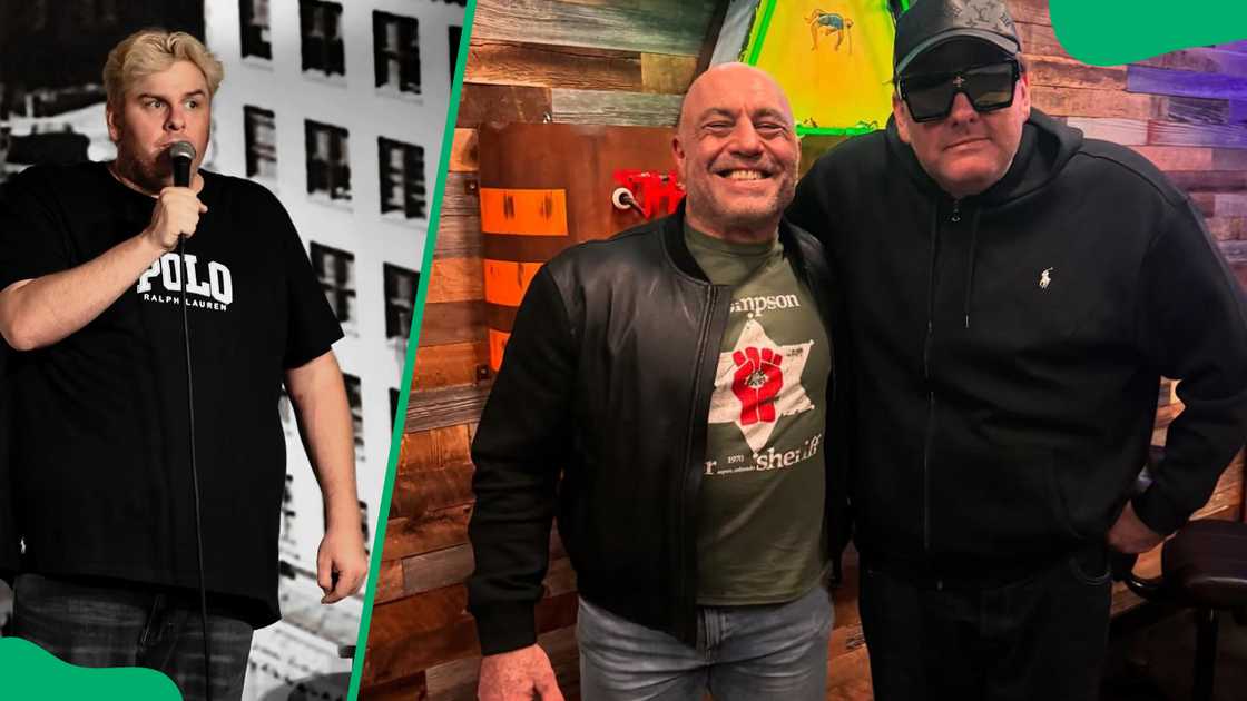 Tim Dillon (L). The podcaster with Joe Rogan (R)