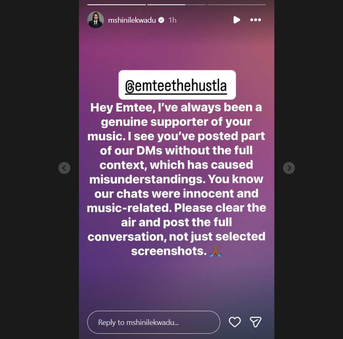 Mshini asked Emtee to set the record straight.