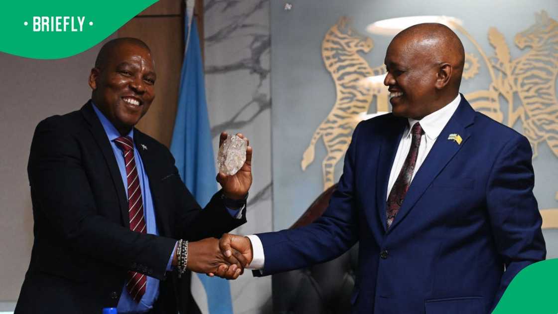 Botswana's Minister of Minerals and Energy Lefoko Fox Moagi shakes hands with President Mokgweetsi Masisi with the large diamond discovered in Botswana