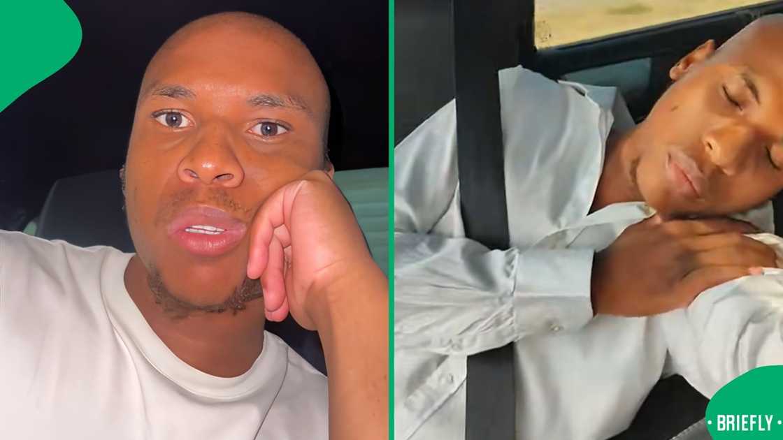 The man had both his legs crossed over to the passenger's seat to show that the car was solely moving on its own The man had both his legs crossed over to the passenger's seat to show that the car was solely moving on its own